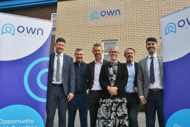 Colin Marks, head teacher at Orton Wistow primary, Trevor Goakes, executive deputy head, Nick File executive deputy head, Becky Ford, head teacher at Woodston primary, Stuart Mansell, trust CEO and Neil Reilly head teacher at Nene Valley primary, celebrate their success
