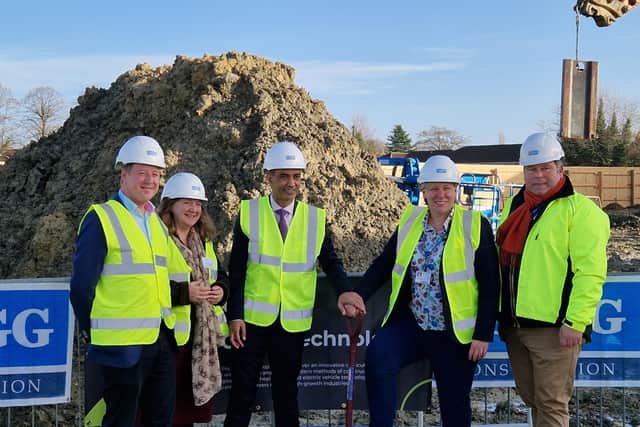 From left,  putting 'spades in the ground' are Peterborough MP Paul Bristow, deputy mayor of CPCA Lucy Nethsingha, Peterborough City Council leader Cllr Mohammed Farooq, Peterborough College principal Rachel Nicholls and chair of the Inspire Education Group's corporation board, David Pennell;
