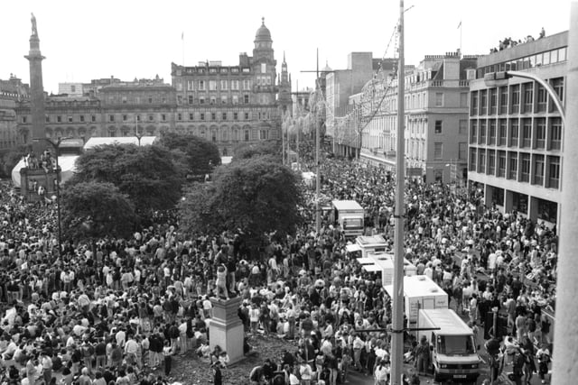 A crowd of 50,000 music fans gathered in George Square for the Glasgow's Big Day concert in June 1990.