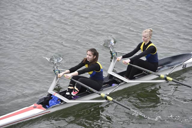 Evelina Xanthropolus and Anouk Bosma of Peterborough City on their way to victory in the J16 Womens Double at the Head of the Nene. Photo: David Lowndes.