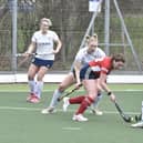 Action from City of Peterborough Ladies (red) v Loughborough at Bretton Gate. Photo David Lowndes.