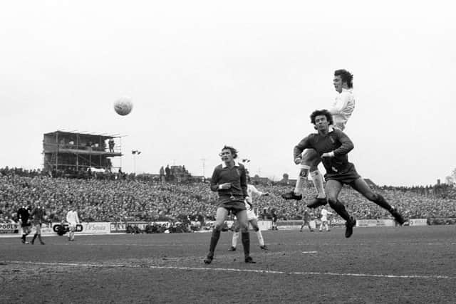 Joe Jordan scores for Leeds v Posh in the 1974 FA Cup tie.
