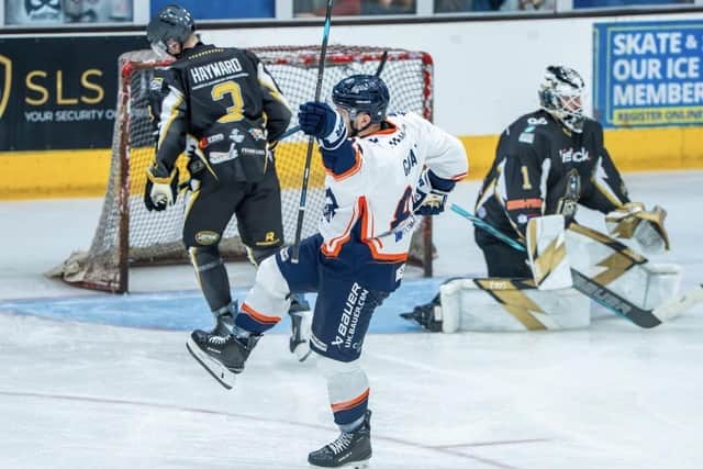Dominic Gabaj celebrates his goal for Phantoms against MK Lightning. Photo Willow Florence Photography