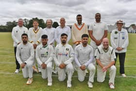 Old Deaconians before their win in the annual Norman Saltmarsh Trophy match, back row left to right, umpire John  Hyman, Andy Croson, Colin Slater, Paul Stimpson, Ajaz Akhtar, Asam Ali, umpire Jonathan Bigham, front, Mohammad Shamus, Mohammed Saif, Mohammed Danyaal, Haidar Hussain and Billy Hall. Photo: David Lowndes.