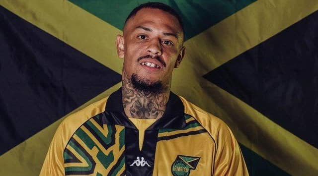 Jonson Clarke-Harris in a Jamaica internationa shirt.