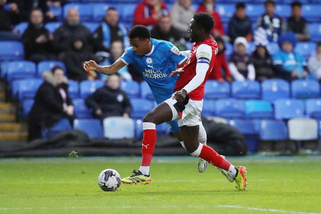 Malik Mothersille in action for Posh against Fleetwood. Photo David Lowndes.