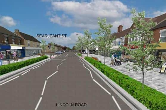 This image shows the view looking south for the Option 1 for the transformation of the Lincoln Road area of Peterborough.