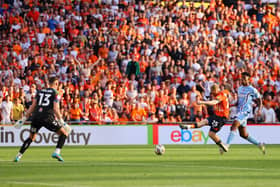 Joe Taylor shoots the ball home for Luton Town against Coventry City. Photo by Richard Heathcote/Getty Images.