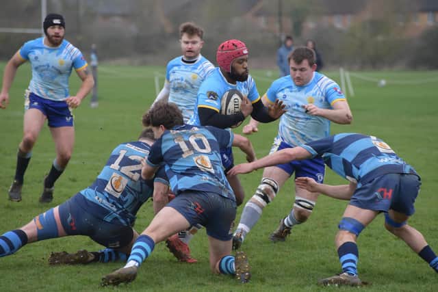 Matthew Worrall-Clare on his way to scoring a try for Peterborough Lions at St Neots. Photo Kevin Goodacre.
