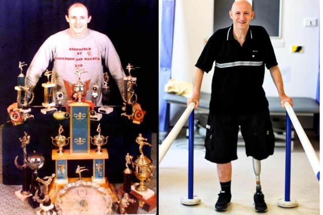 Dave Mears with all of his Martial Arts awards alongside Dave now learning to walk on his new prosthetic leg.