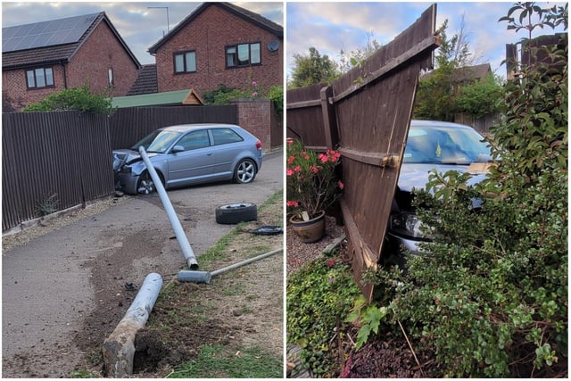 The driver of this vehicle was arrested after losing control of his vehicle and mounting the pavement, before crashing into a lamppost and through a garden fence.