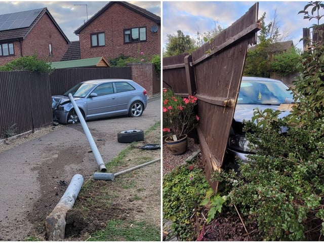The driver of this vehicle was arrested after losing control of his vehicle and mounting the pavement, before crashing into a lamppost and through a garden fence.