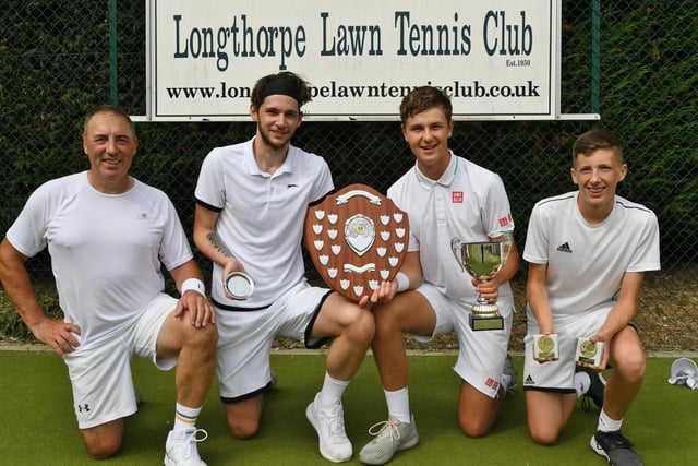 Finalists at the Longthorpe Lawn Tennis Club event Mark Peters, Toby Eldred, Seth Briggs-Williams and Harry Clark.