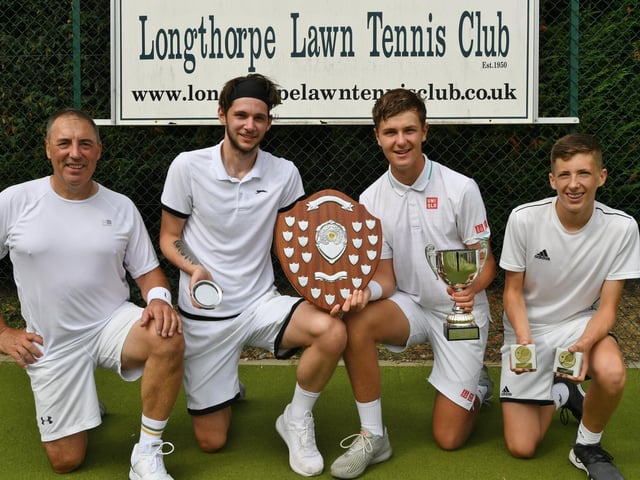 Finalists at the Longthorpe Lawn Tennis Club event Mark Peters, Toby Eldred, Seth Briggs-Williams and Harry Clark.