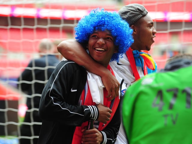 Celebrations after Posh beat Chesterfield in the Johnstone's Paint Trophy at Wembley.