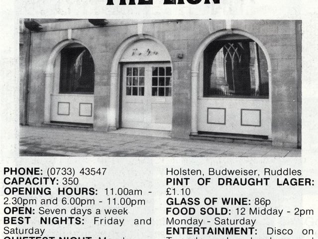The Lion in the 1980s, offering draught lager at £1.10 a pint and wine at 86p per glass