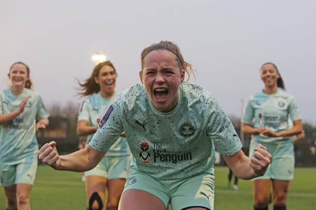 Jess Evans celebrates victory for Posh Women in the FA Cup at Sporting Khalsa. Photo: Joe Dent/theposh.com