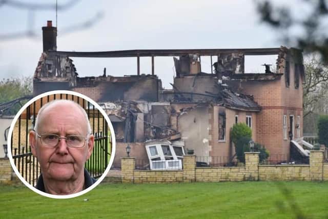 Mel Dolby (inset) and the damage to his house following the fire.