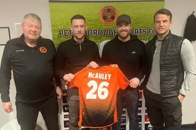 From the left, Sports chairman Mike Woodward, Rory McAuley, and joint managers Michael Gash and Luke Steele. Photo: Lillianna Armstrong.