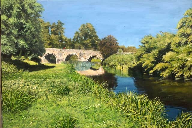 River Welland at Uffington Bridge from the Water Meadow, painted in acrylics by Will Thompson.