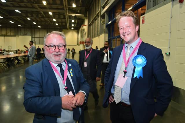 Cllr Wayne Fitzgerald with Peterborough MP Paul Bristow at the election count on Thursday (May 5).