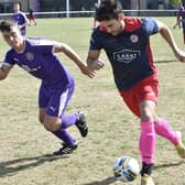 Action from Stanground Sports (purple) v Wittering Premiair at Stanground Academy. Photo: David Lowndes.