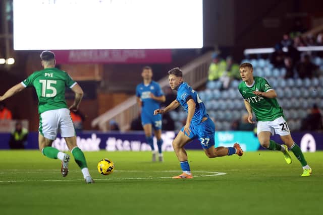 Posh striker Harry Leonard chases after the ball against Stockport County. Photo: Joe Dent/theposh.com