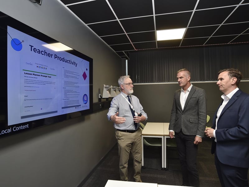 Shadow Secretary of State for Science and Technology Peter Kyle, centre, at Peterborough College with Andrew Pakes, Labour’s candidate for Peterborough, right, and tutor Tony Warner, left