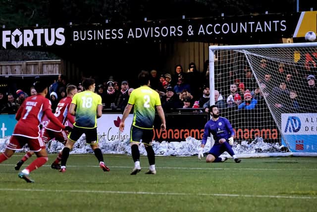 Scarborough (red) score against Peterborough Sports. Photo: Richard Ponter