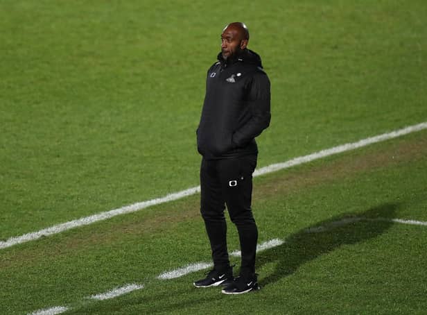 Darren Moore, manager of Doncaster Rovers, looks on during the Sky Bet League One match between Doncaster Rovers and Rochdale at Keepmoat Stadium on January 19, 2021.