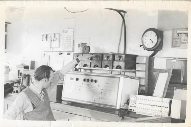 Dennys Watkins inside Werrington Signal Box in the 1970s