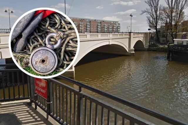 Inset: Magnet fishing kit. Main image: The River Nene in Peterborough.