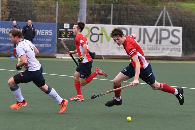 Matt Goodley (red) on the charge for City of Peterborough against St Albans. Photo: David Lowndes.