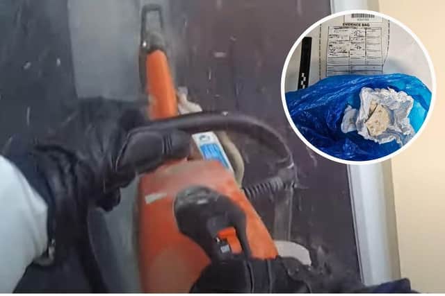 Police used a power saw to gain access to the home at Wolf Square, Parnwell - and found nearly £10,000 worth of drugs inside