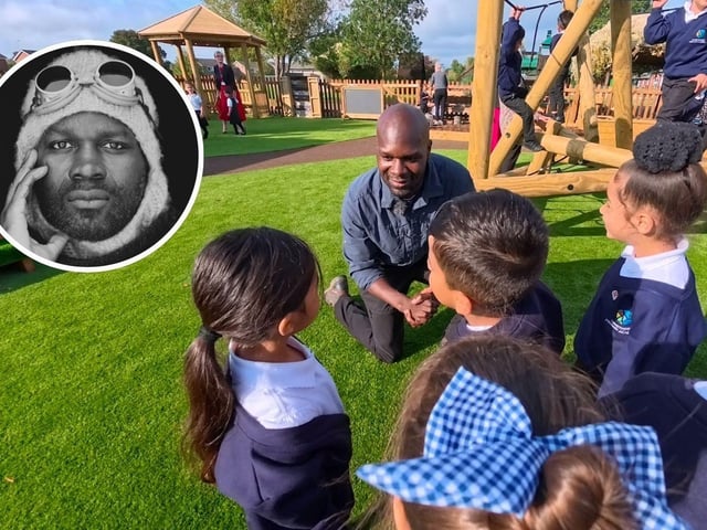 UK Chief Scout Dwayne Fields chats with children at Longthorpe Primary Academy in Peterborough. Inset: Wayne Fields