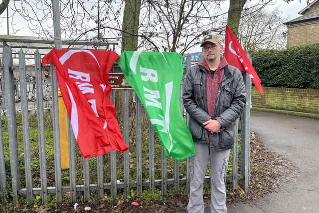 Gareth Jones – Peterborough’s RMT rep and a station customer assistant train dispatcher at Peterborough Station - on the picket line at Peterborough Station