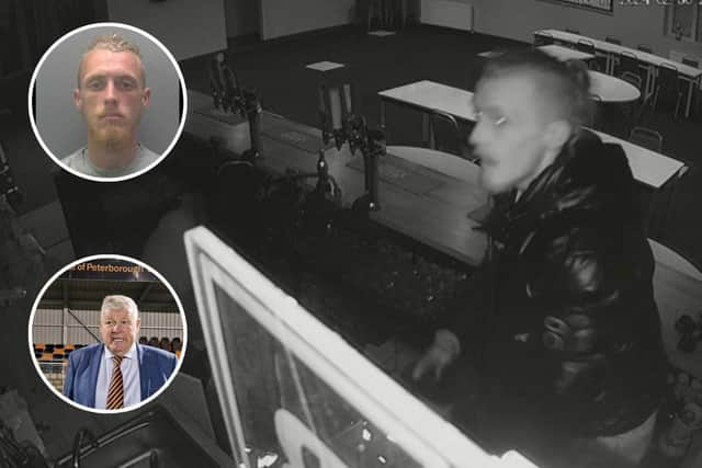 CCTV footage of one of the break ins at Peterborough Sports FC, with (inset, top) Jack Hilton, who has been jailed for nine months, and (inset, bottom) club chairman and owner Tim Woodward