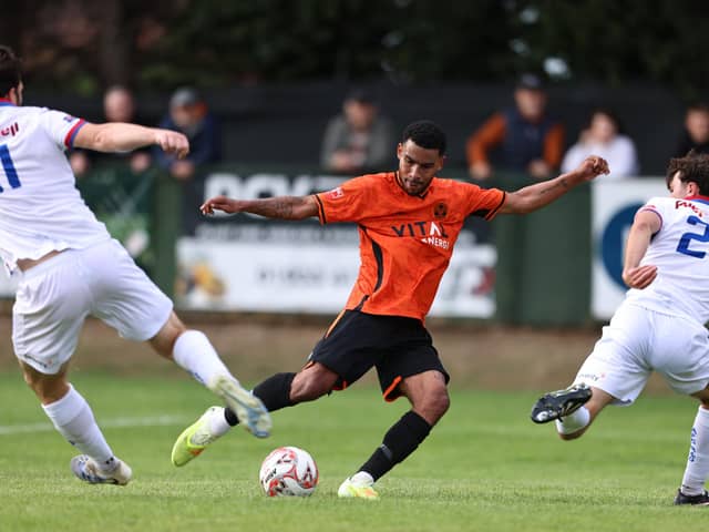 Action from Peterborough Sports (orange) at AFC Rushden and Diamonds in an FA Cup tie. Photo Darren Wiles.