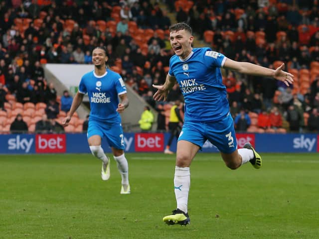 Harrison Burrows after scoring at Blackpool in a 4-2 Posh win in October. Photo: Joe Dent/theposh.com.