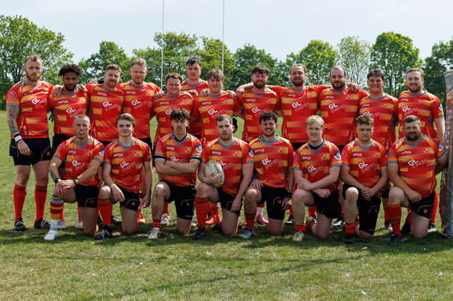 Peterborough Rugby League club face the camera before their big win, back row left to right, Ben Lound, Kelvin Squires, Paddy Berryman, Dylan Evans, Matthew Bingham, Henry Hobson, Oscar Knox, Will Sismey, Logan Nicholson, Michael Benson, Alexandros McGrath, Ryan Cuthbertson. Front, Adam Foster, Luca Scialla-Cooper, Ciaran Thompson, Luke Whitby (Captain), Luke Giddings, Matty Baker, Zak Bamford, Chris Sykes. Photo David Gibbons.