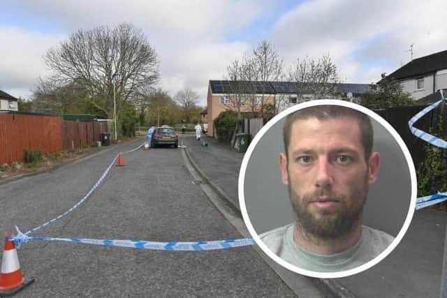 Lewis Hutchinson's custody photo pictured inset, as police attended the shooting in Paston.
