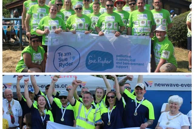 Top: PCML Group were crowned top fundraisers. Bottom: Smurfit Kappa Dragons from Whittlesey packaging manufacturers, Smurfit Kappa, take gold in the Champions finale