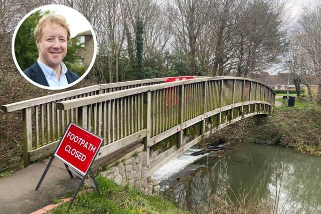 One of the closed bridges at Cuckoos Hollow in Peterborough. Inset, Peterborough MP Paul Bristow