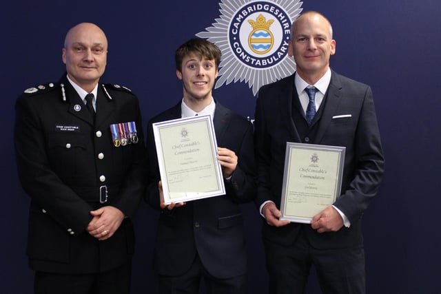 PC Jon Morris, his 19-year-old son Samuel and their late German Shepherd Caesar were commended for their brave intervention to stop a serious assault and help in the arrest of the suspect. Jon was off-duty and walking Caesar with Samuel when they came across the assault. Samuel who has autism, was very shaken, but when it mattered he acted rather than froze when confronted with a frightening and violent incident.