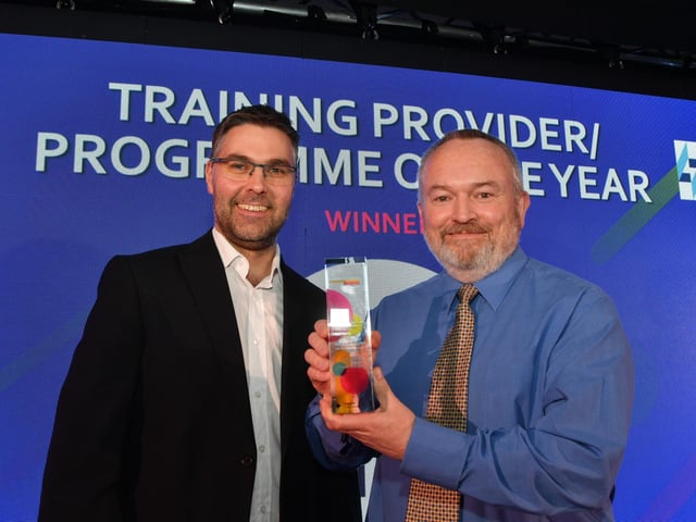 Peterborough Telegraph Apprenticeship Awards 2024. Training Provider of the Year -sponsor Mark Brear with Paul Wilde of ARU