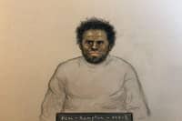 Artist's impression of Anthony Williams (appearing in court via videolink). Cambridge Crown Court. Picture: Julia Quenzler / SWNS