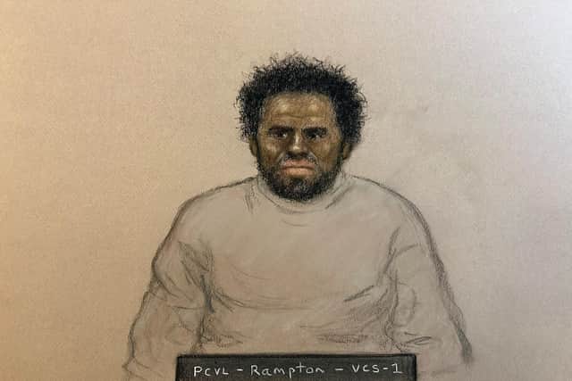 Artist's impression of Anthony Williams (appearing in court via videolink). Cambridge Crown Court. Picture: Julia Quenzler / SWNS