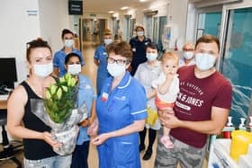 Nurse Claire Chapman with, from left, Monika and Mateusz and their daughter Emilia, who thanked the cardiology nurse for saving the life of Mateusz's father Miroslaw Dziadosz, (54) who collapsed in the street after a heart attack.