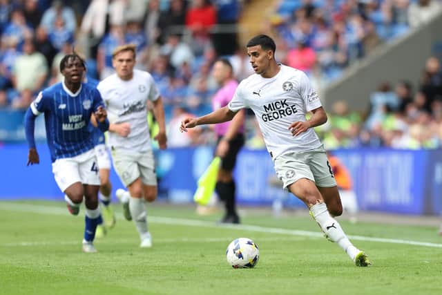 Brandon Khela in action for Posh at Cardiff City. Photo Joe Dent/theposh.com