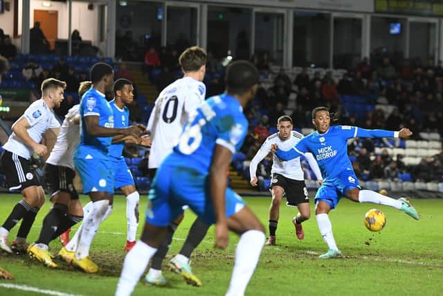 Romoney Crichlow struck the cross with this effort for Posh against Crawley. Photo: David Lowndes.